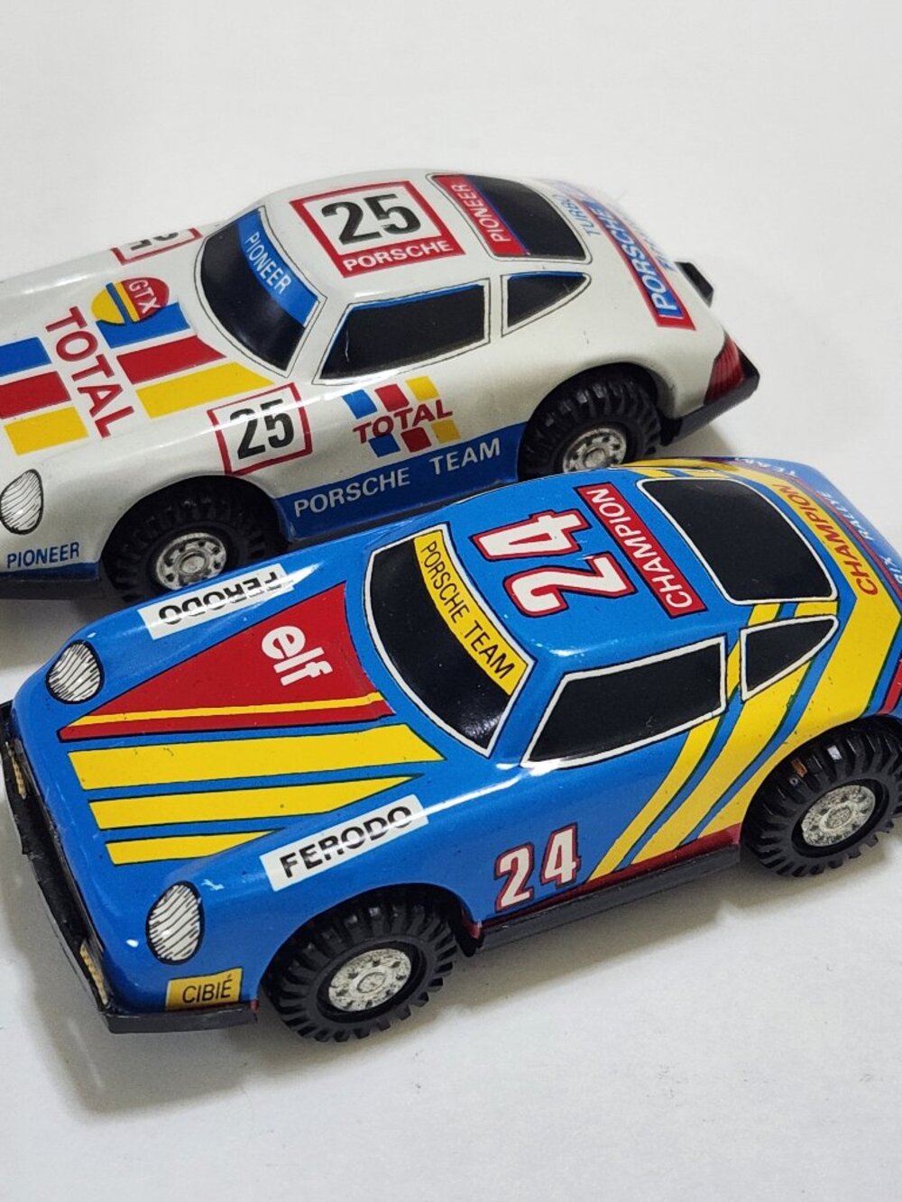 Vintage Blue & White Porsche Team #24 #25 Turbo Sport Tin Toy Cars Germany 1:43